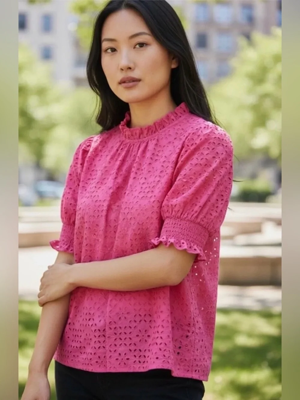 J.Crew Smocked puff-sleeve top in eyelet, Size M